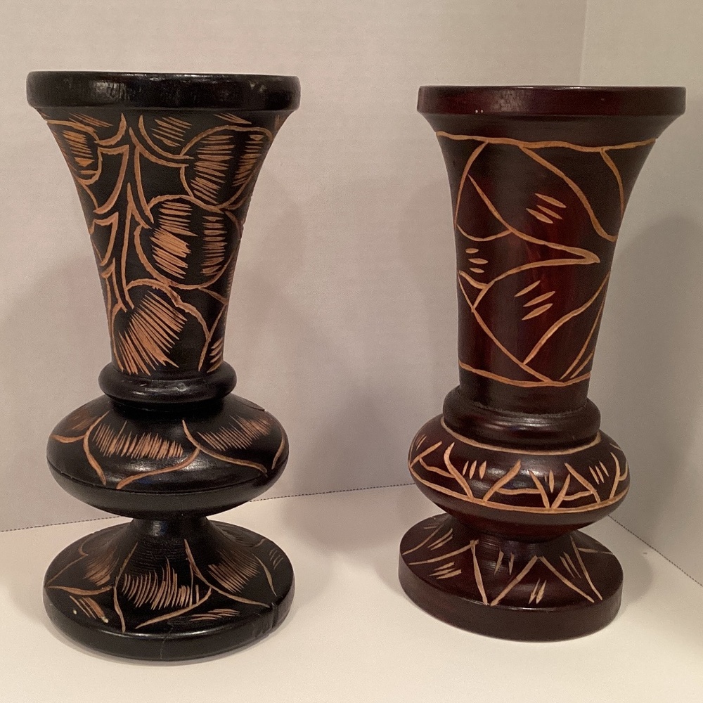 Hand Carved Wood Vases MCM Boho Style